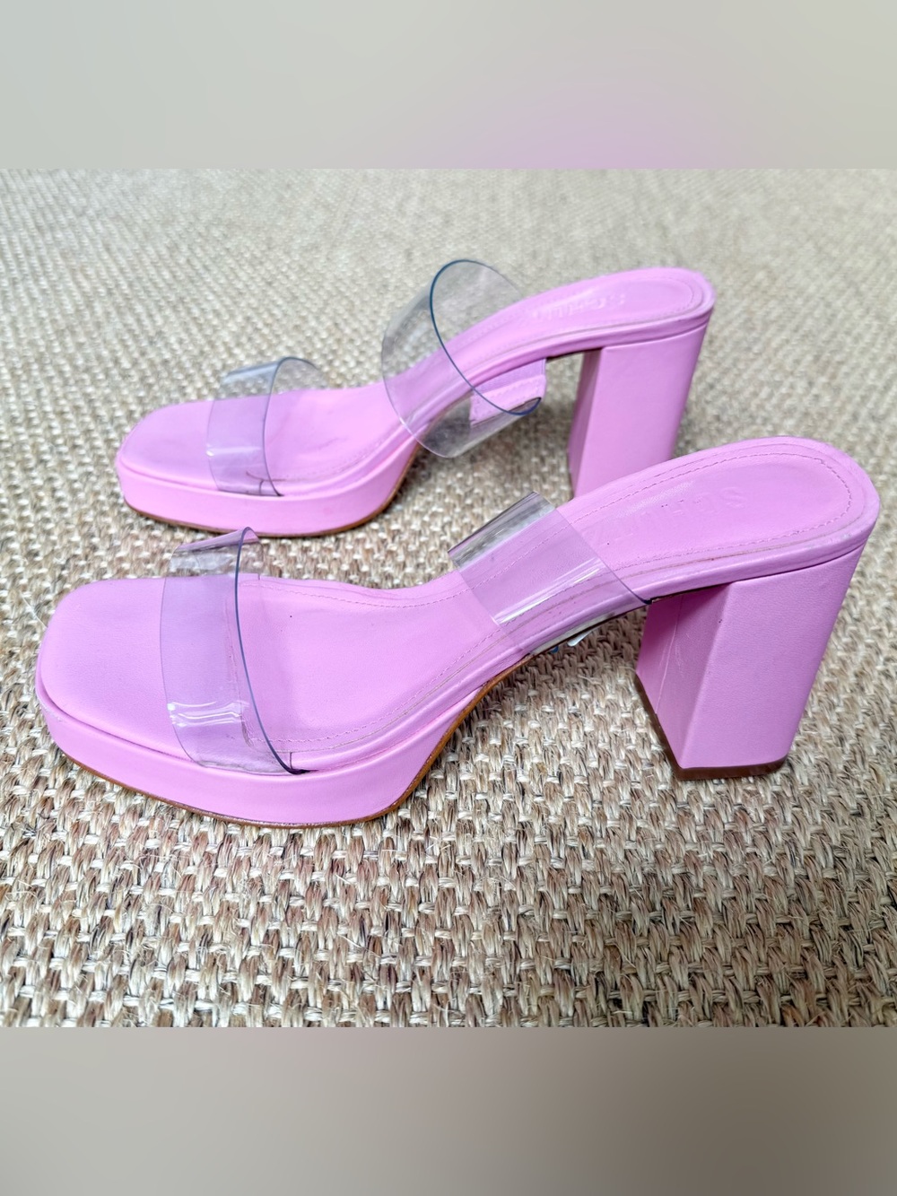 SCHUTZ Pink Platform Block Heel Slide Mules with Clear Straps size 7.5